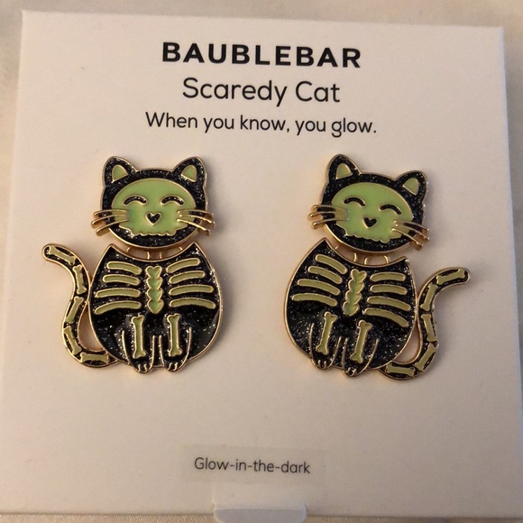 Baublebar Gold Tone Green & Black Scaredy Cat Glow In The Dark Drop Earrings NIB - Picture 4 of 14